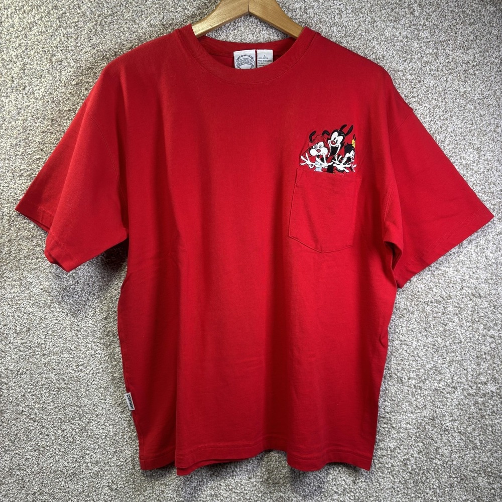 Animaniacs Shirt Mens Large Red Pocket Yakko Wakko Dot Embroidered Graphic Tee